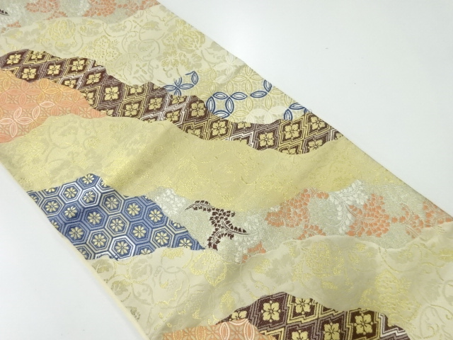 JAPANESE KIMONO / ANTIQUE FUKURO OBI / SILK / WOVEN MICHINAGADORI & FLOWERS & CLASSICAL PATTERN